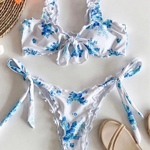 Floral lettuce trim print bikini set - Picture 3 of 3